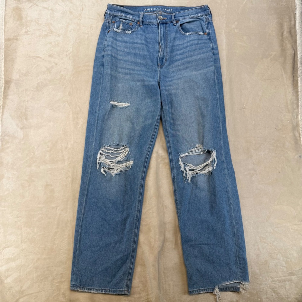 American Eagle Baggy Jean Womens 12 Blue Distressed High Rise Ripped Denim